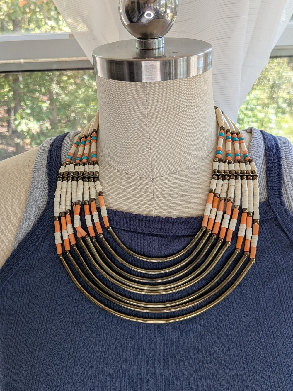 Western Boho Multi Strand Beaded Bib Necklace Brass Curved Bars Leather Feather